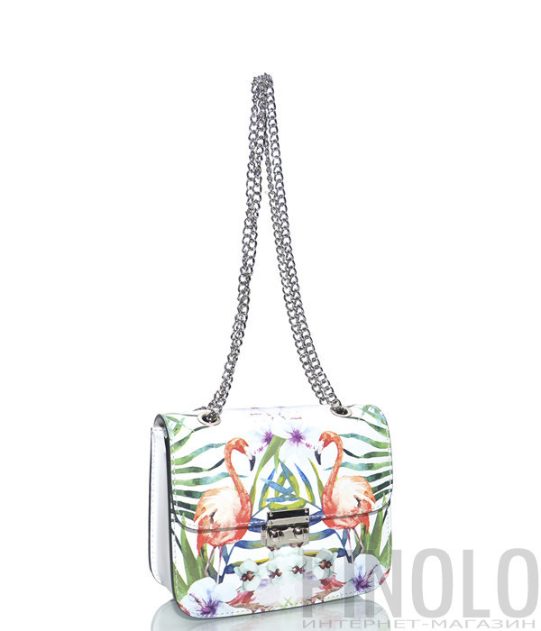 Белая кожаная сумочка на цепочке Leather Country 2592 с изображением фламинго