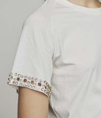 Белая футболка Maje E19TIMINI декорированная кристаллами на рукавах