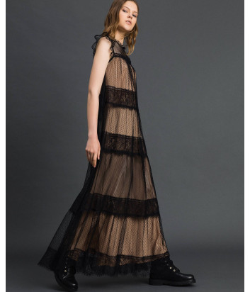 Длинное платье TWIN-SET 192TP2332 бежевое с черным кружевом