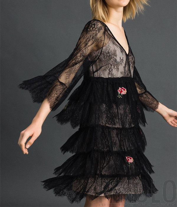 Кружевное платье TWIN-SET 192TP2586 черное с цветочной вышивкой