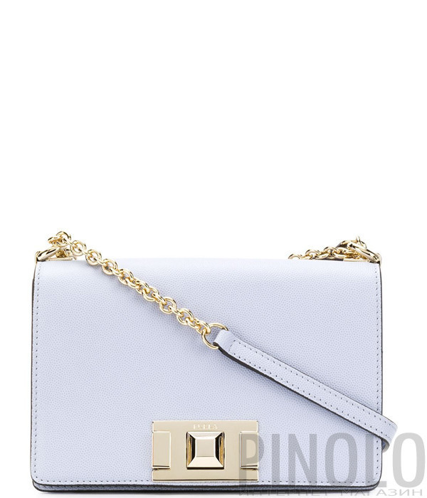 Кожаная сумочка на цепочке Furla Mimi Mini 1007416 с откидным клапаном нежно-голубая