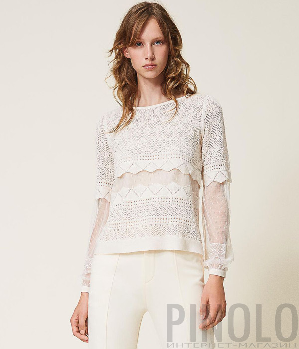 Кофта TWIN-SET 202TP3041 из кружевного трикотажа кремовая