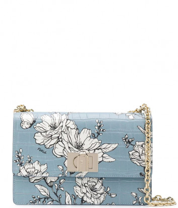 Голубая сумка FURLA 1927 S BAWMACO в коже с тиснением под крокодила с цветочным принтом