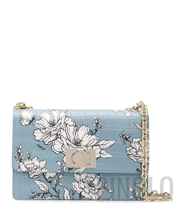 Голубая сумка FURLA 1927 S BAWMACO в коже с тиснением под крокодила с цветочным принтом