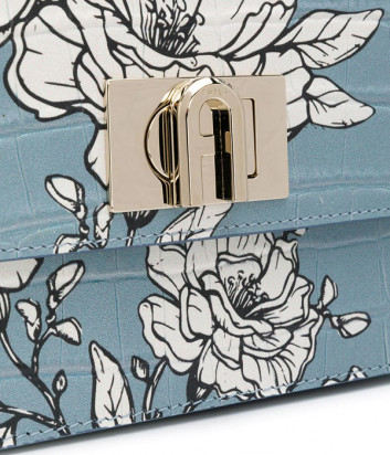 Голубая сумка FURLA 1927 S BAWMACO в коже с тиснением под крокодила с цветочным принтом