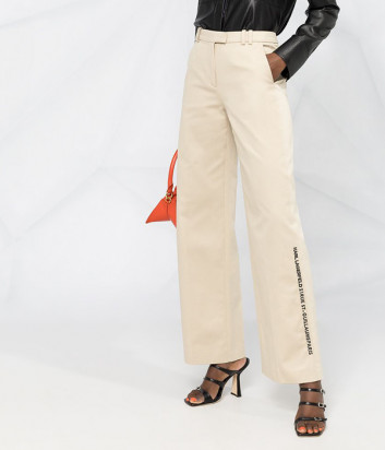 Широкие брюки KARL LAGERFELD 211W1005 бежевые с вышитым логотипом