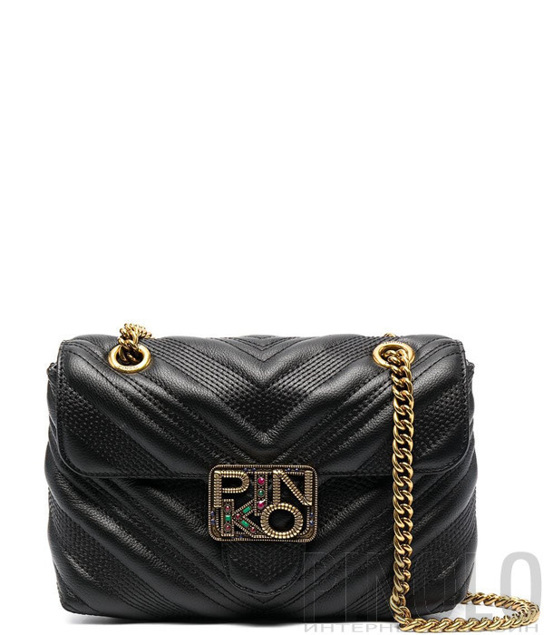 Сумка на цепочке PINKO Mini Logo Bag Puff Jewel 1P223A в стеганной коже черная