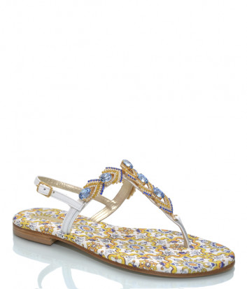 Белые кожаные сандалии PAOLA FIORENZA с желто-голубыми кристаллами