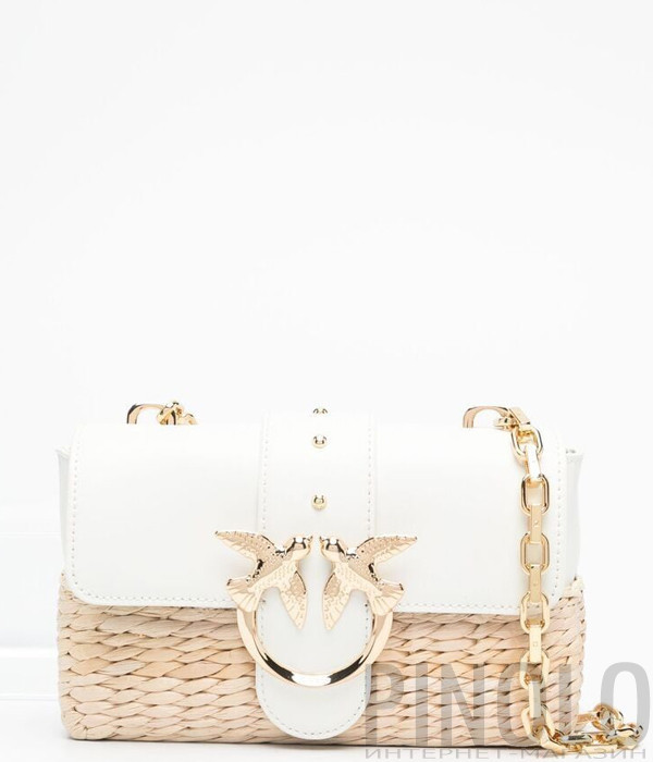 Кожаная сумка PINKO Mini Love Bag Icon Midollino 1P224G белая декорирована рафией