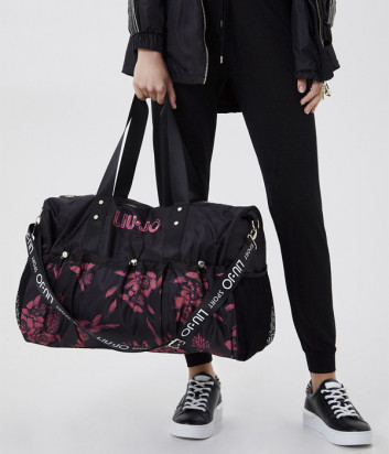 Большая спортивная сумка LIU JO TA1174 T0300 черная с цветочным принтом