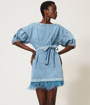 Джинсовое платье TWINSET 211TT2360 с перьями голубое