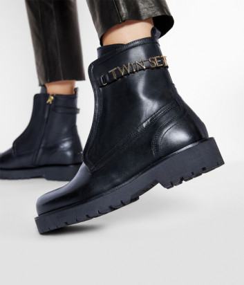 Кожаные ботинки TWINSET 202TCP03E с декором черные