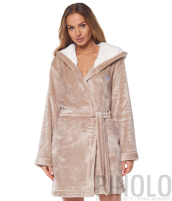 Короткий халат L&L 2125 Ole с капюшоном бежевый