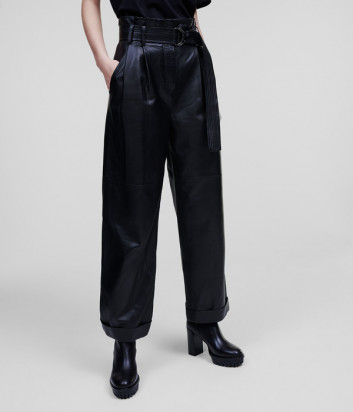 Кожаные брюки KARL LAGERFELD 220W1900 с завышенной талией и поясом черные