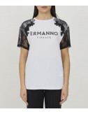 Белая футболка ERMANNO FIRENZE D40EL 046EE8 с черный кружевом на рукавах