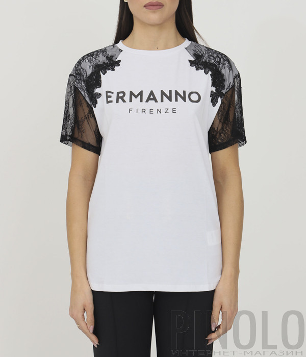 Белая футболка ERMANNO FIRENZE D40EL 046EE8 с черный кружевом на рукавах