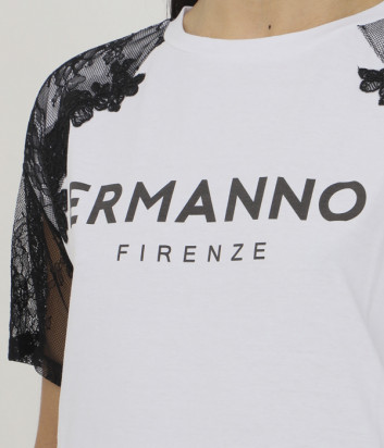Белая футболка ERMANNO FIRENZE D40EL 046EE8 с черный кружевом на рукавах
