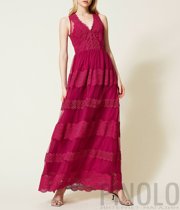 Длинное платье TWINSET 222TP2251 из тюля и кружева цвета фуксии