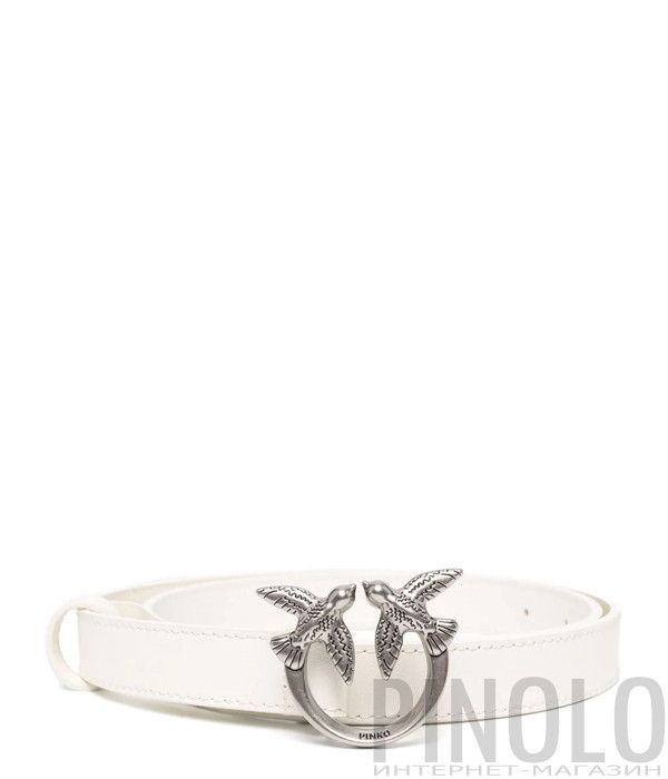 Узкий кожаный ремень PINKO Love Birds 1H20ZV с серебристой фурнитурой молочный