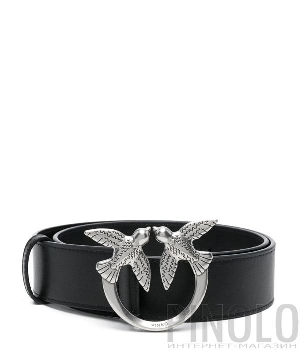 Широкий кожаный ремень PINKO Love Birds 1H212V с серебристой фурнитурой черный