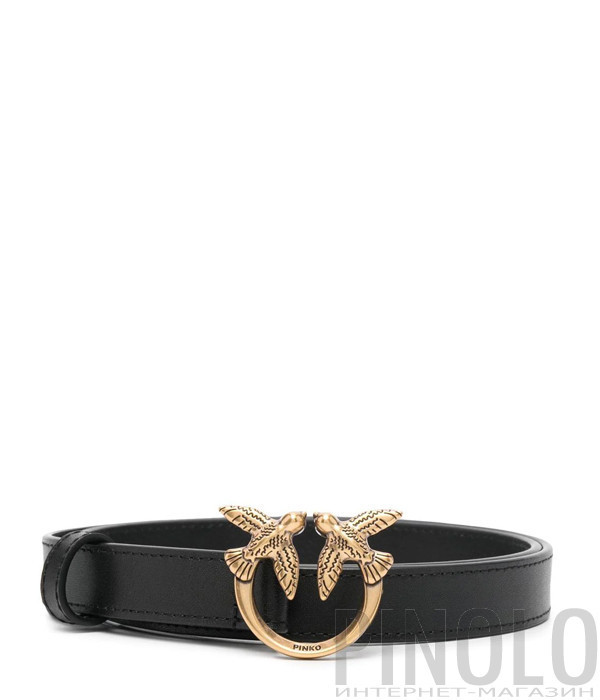 Узкий кожаный ремень PINKO Love Birds 1H212P с золотистой фурнитурой черный