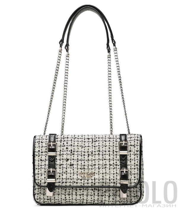 Твидовая сумка на цепочке GUESS Adam HWTZ8694210 черно-белая