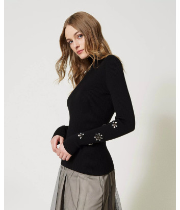 Джемпер-водолазка TWINSET 232LI32AA с вышивкой на рукавах черная