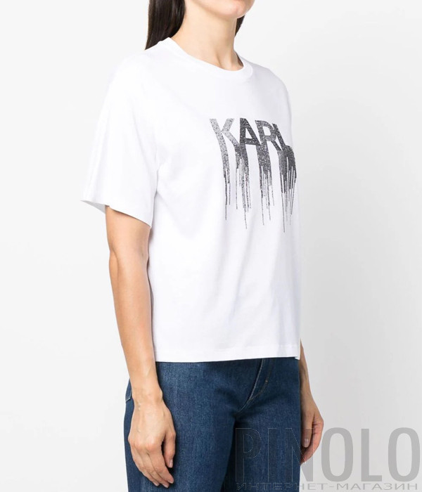 Футболка KARL LAGERFELD 236W1714 с логотипом и стразами белая