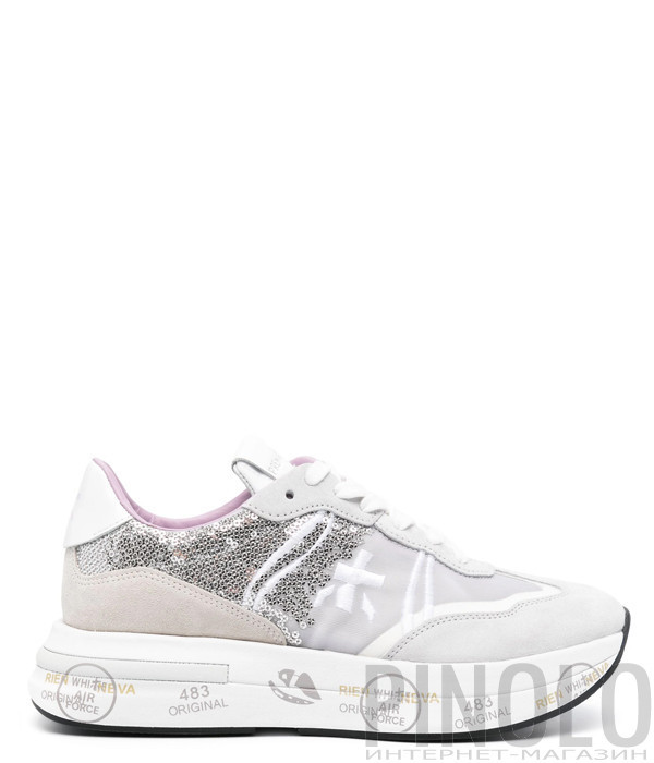 Женские кроссовки PREMIATA Cassie 6719 с пайетками серо-белые