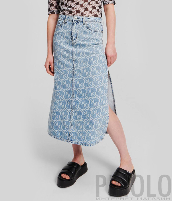 Джинсовая юбка-миди KARL LAGERFELD 241J1201 с принтом голубая