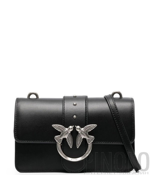 Сумка в гладкой коже PINKO Love One Mini 100059 с серебристой фурнитурой черная