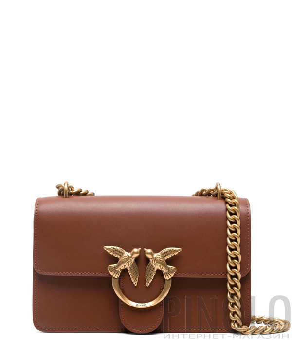 Сумка в гладкой коже PINKO Love One Mini 100074 с золотистой фурнитурой коричневая