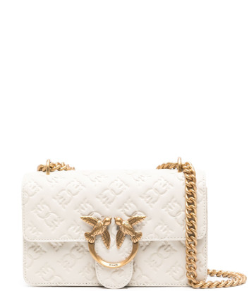 Сумка в коже с тиснением PINKO Mini Love con logo 100074 с золотистой фурнитурой белая