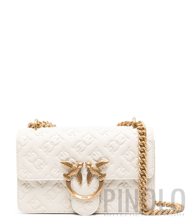 Сумка в коже с тиснением PINKO Mini Love con logo 100074 с золотистой фурнитурой белая