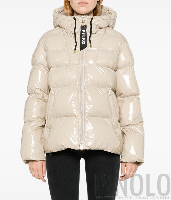 Женский пуховик PINKO 101597 A11K с глянцевой фактурой бежевый