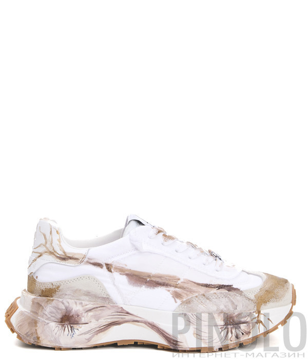 Кожаные кроссовки ELENA IACHI Space с бежевым цветочным принтом