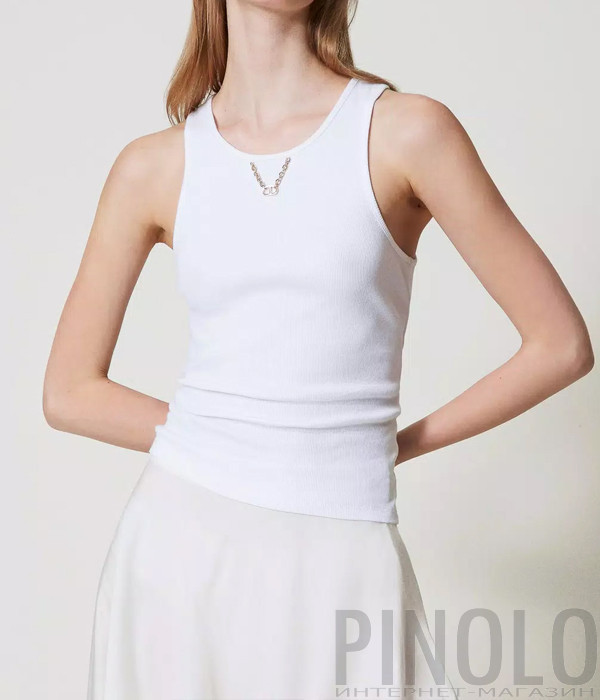 Топ из хлопка в рубчик TWINSET 251TT2400 с круглым вырезом белый