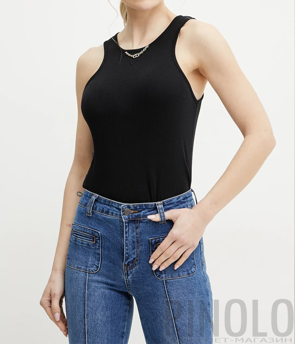 Топ из хлопка в рубчик TWINSET 251TT2400 с круглым вырезом черный