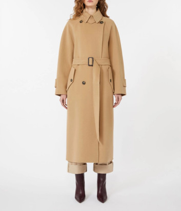 Довге двобортне пальто WEEKEND Max Mara CADINE з деталями в стилі тренч кольору кемел