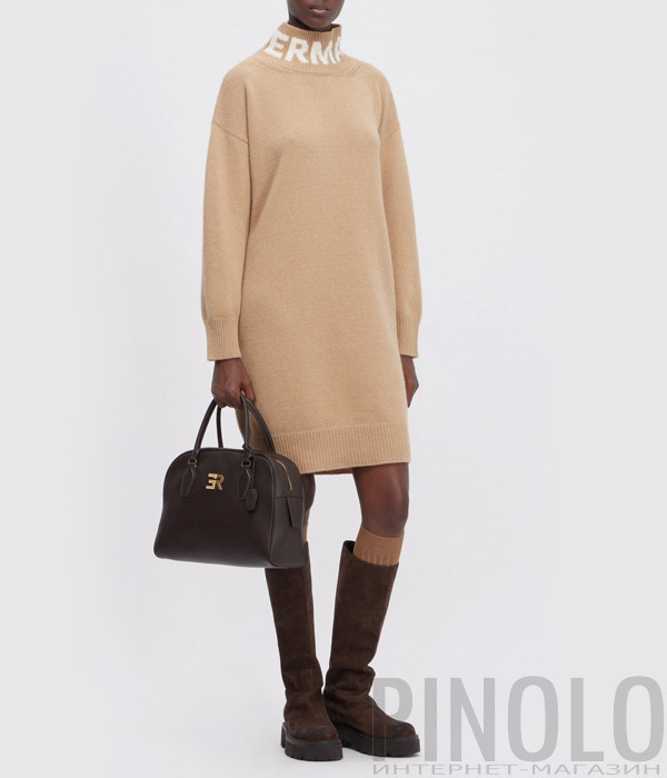 Платье-свитер макси из шерсти ERMANNO FIRENZE D47EQ026E01 с логотипом цвета кэмел