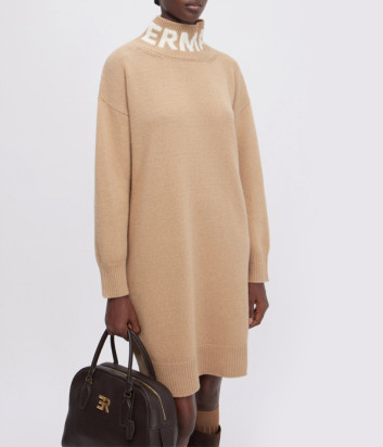 Платье-свитер макси из шерсти ERMANNO FIRENZE D47EQ026E01 с логотипом цвета кэмел