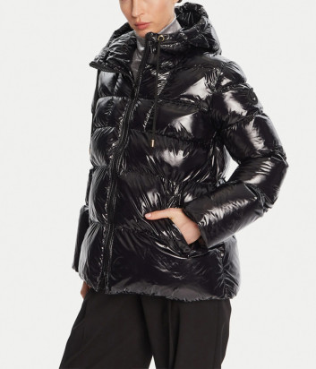 Пуховик із глянцевого нейлону PINKO 101597 A2P7 з капюшоном чорний
