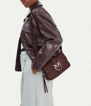Кожаная сумка PINKO Mini Love Bag Slouchy Zip 105345 с плечевым ремнем и цепочкой бордовая