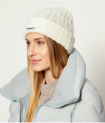 Шапка из мягкой шерстяной пряжи PINKO 105989 A2Z2 с логотипом молочная