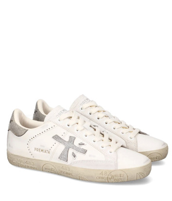 Белые кожаные кроссовки PREMIATA STEVEND 8127 с серебристыми деталями