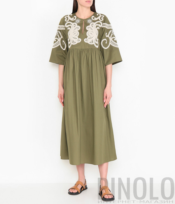 Длинное платье WEEKEND Max Mara WKDTILDE украшенное вышивкой оливковое