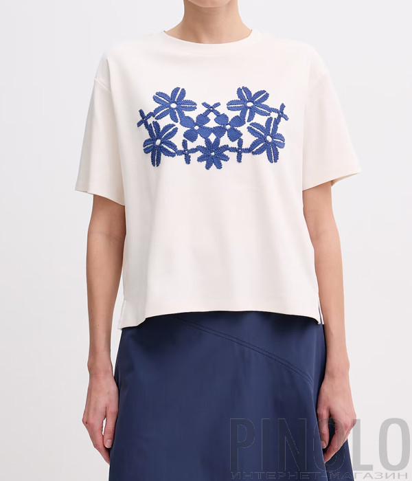 Футболка вільного крою WEEKEND Max Mara WKDSABATO молочна з синьою вишивкою