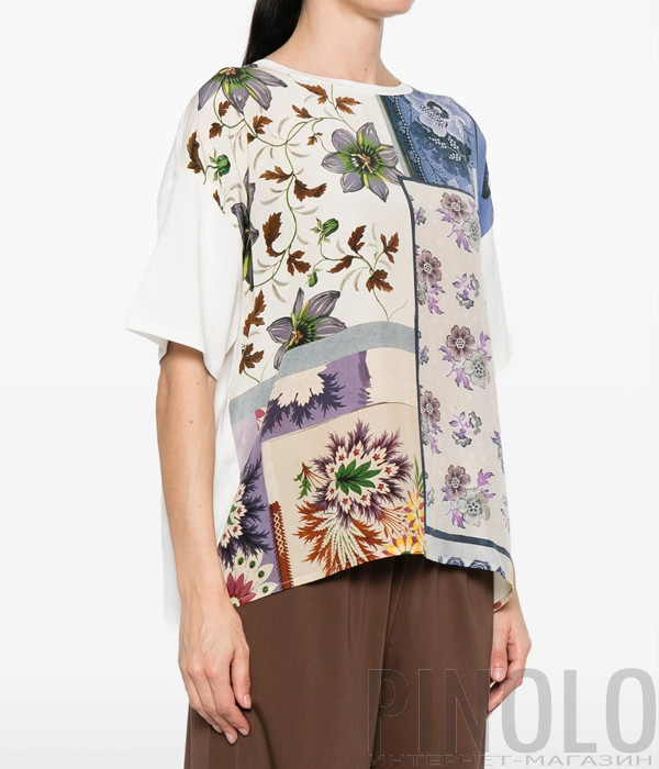 Футболка со вставкой спереди из шелка WEEKEND Max Mara WKDPAMPAS цветной принт
