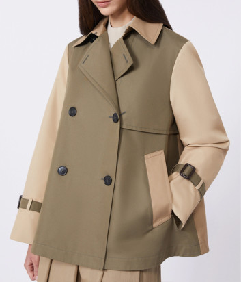 Короткий двубортный тренч WEEKEND Max Mara WKDBIGLIA расклешенный силуэт оливковый