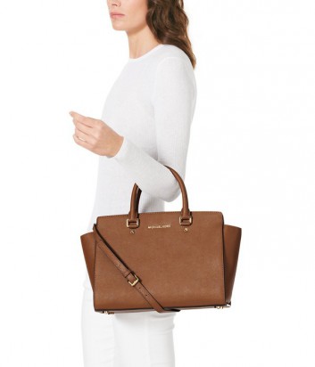 Сумка Michael Kors Selma Large из кожи сафьяно коричневая